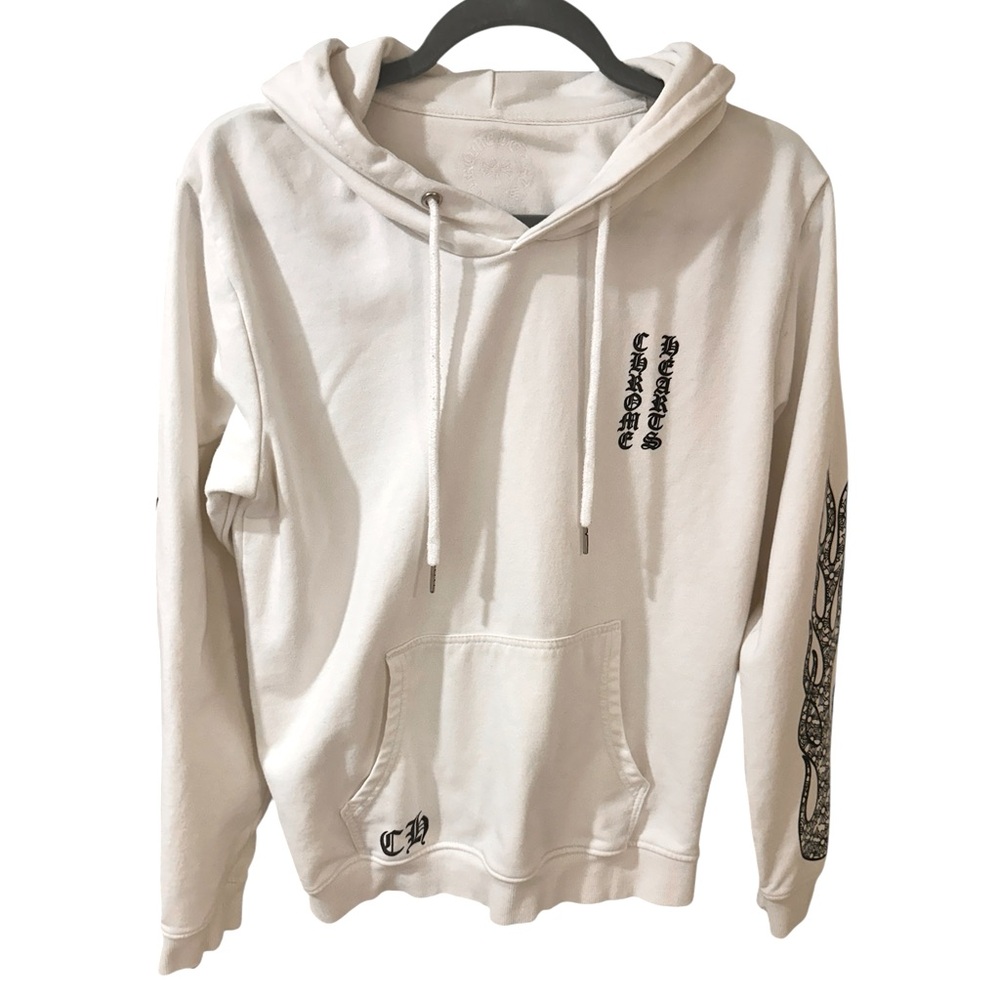 Chrome Hearts Vertical Logo Flames Sleeves White Kangaroo Hoodie, Size L